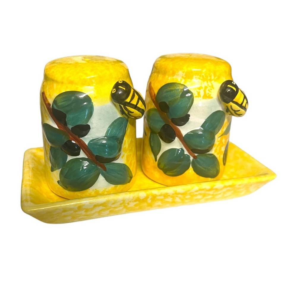 RARE French Ceramic Yellow Salt and Pepper Shaker Set with Bees and Olives